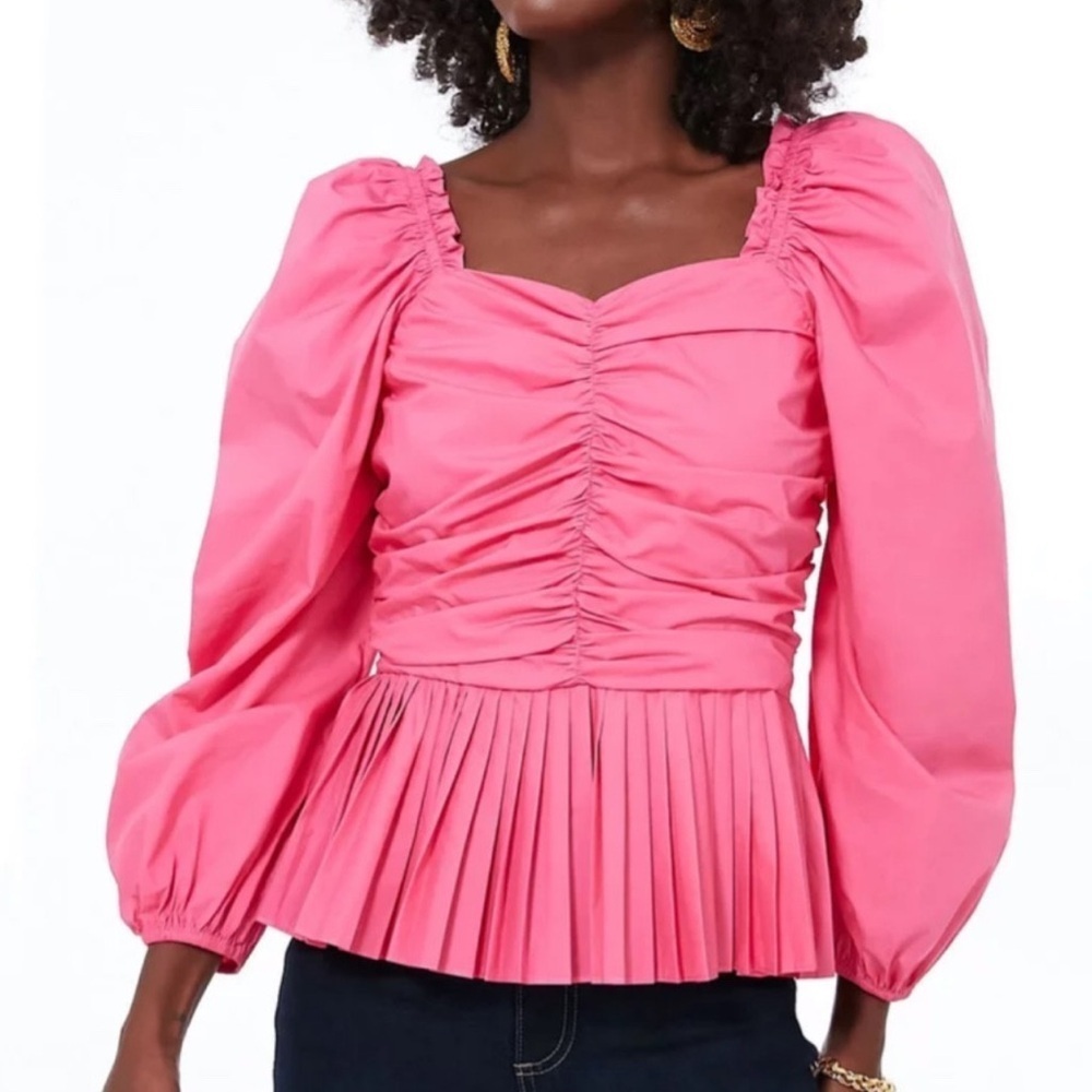 Tuckernuck Hyacinth House Mina Pink Blouse Top Shirt Peplum Ruffle